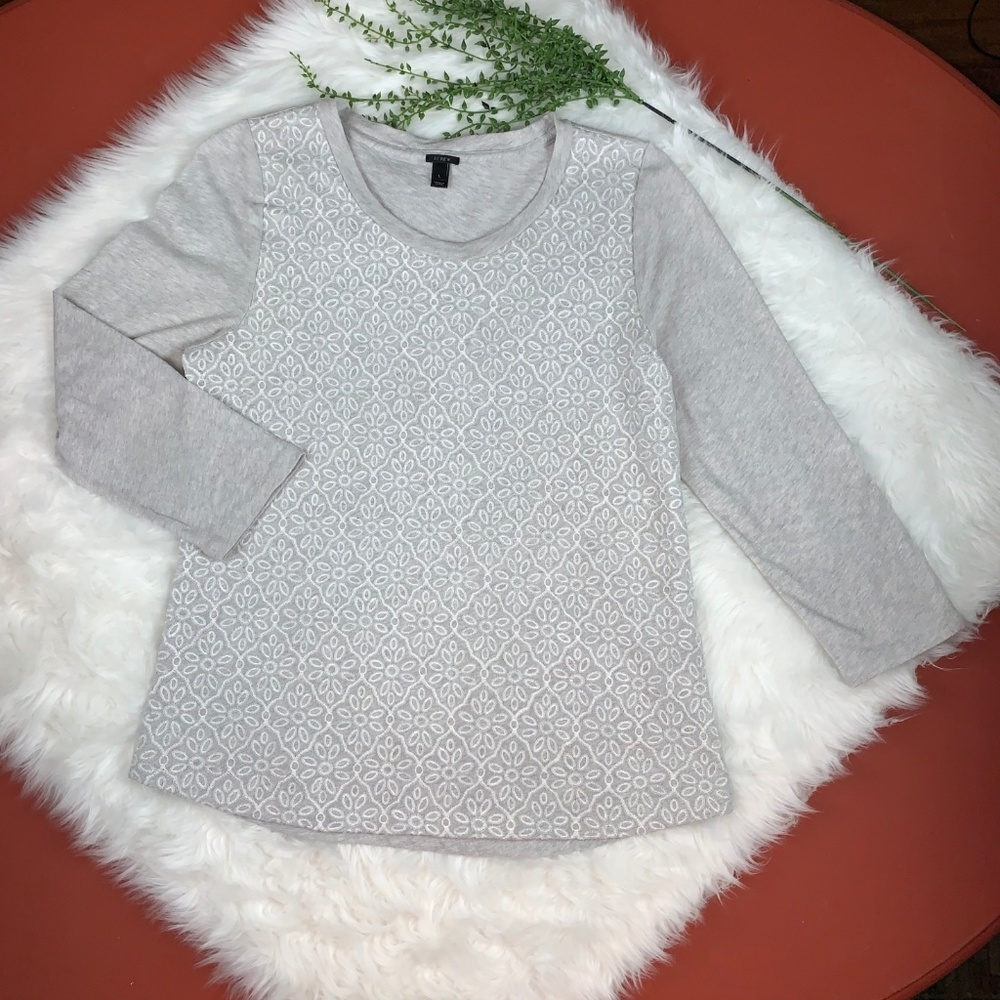 J. Crew~LN~Floral~Embroidered~LS Top~Shirt~Gray